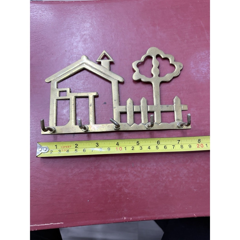 Vtg Brass House Tree Fence Solid 5 Hook Key Holder Kitchen 8" Wide Kitch‎